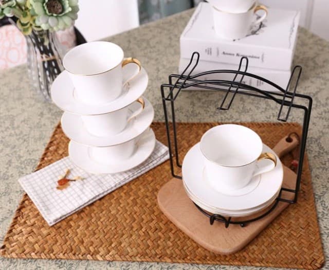 Premium Golden Square Cup & Saucer Rack – 6-Hook Metal Cups Holder Stand with Dish & Plate Organizer