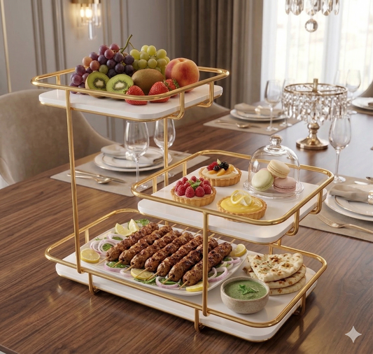 Premium 3-Tier Golden & White Acrylic Cosmetic Organizer – Luxury Vanity Storage Rack for Perfumes & Jewelry