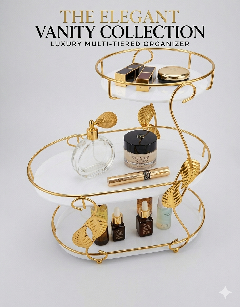 3-Tier Luxury Makeup Organizer Storage Rack – Gold Metal Leaf Frame Cosmetic & Perfume Display Stand