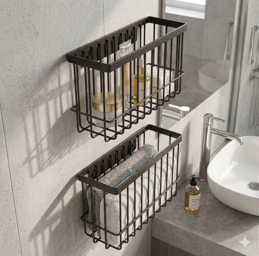 Set of 2 Wall-Mounted Black Metal Wire Storage Baskets – Multipurpose Home & Kitchen Organizer Rack – Rust-Proof Bathroom Caddy