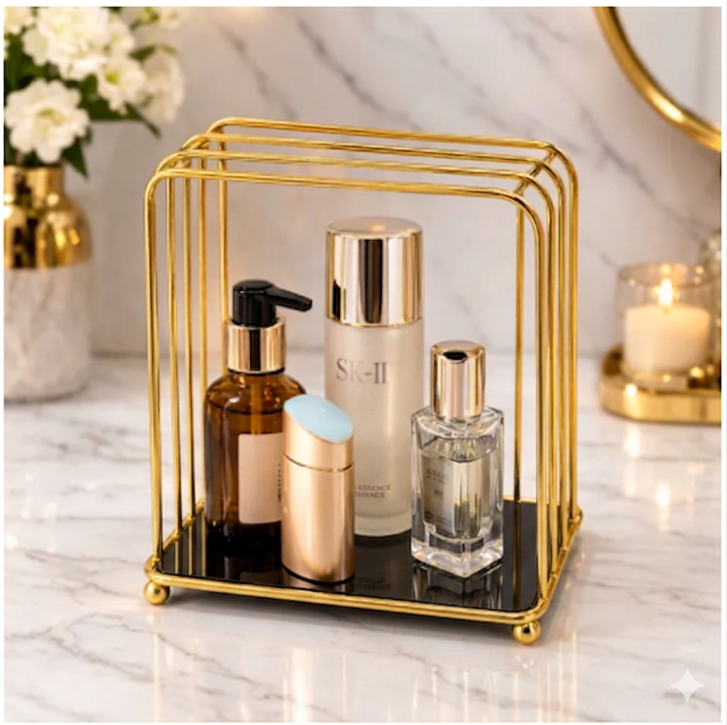 Metal Makeup Organizer Storage Rack – Minimalist Wire Grid Vanity Stand for Cosmetics & Skincare