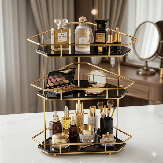 3-Tier Luxury Corner Organizer - Shiny Gold & Black Marble Finish - Multipurpose Vanity, Kitchen & Dressing Table Rack.
