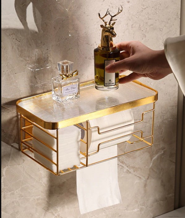 Premium Wall-Mounted Luxury Tissue Box Holder & Cosmetic Shelf – Shiny Gold Metal Frame with Black Acrylic Top – Multi-Purpose Bathroom & Vanity Organizer