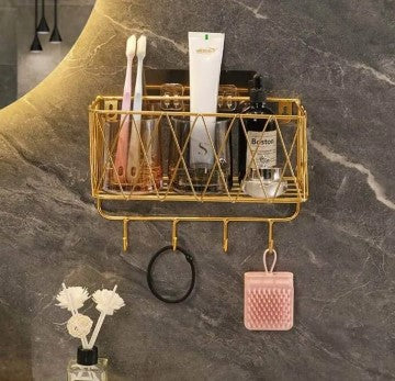 Gold Wall Mounted Bathroom Organizer – Geometric Shelf & Cosmetic Display Stand