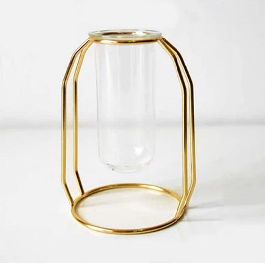 Nordic Gold Geometric Hydroponic Vase - Modern Metal Plant Holder with Glass Tube