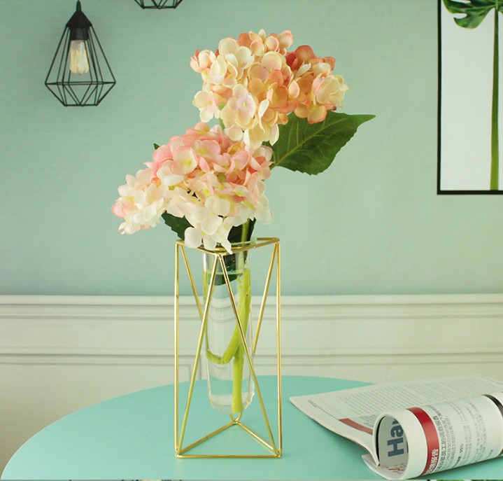 Triangle Gold Metal Geometric Vase - Modern Hydroponic Flower Holder with Glass Tube