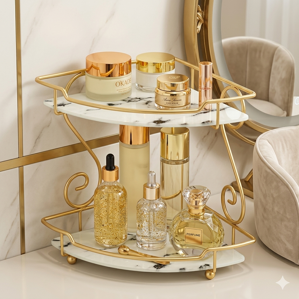 Luxury Single-Tier Gold Corner Display Shelf – Makeup & Perfume Storage Tray with Marble Base