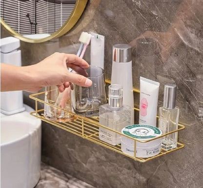 Golden Wall-Mounted Bathroom Rack – Luxury Stainless Steel Cosmetic & Toiletry Organizer