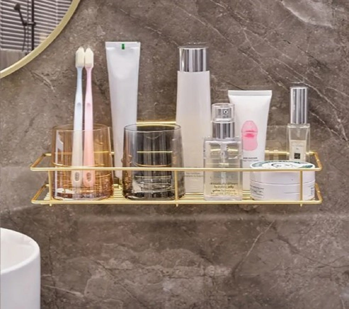 Golden Wall-Mounted Bathroom Rack – Luxury Stainless Steel Cosmetic & Toiletry Organizer