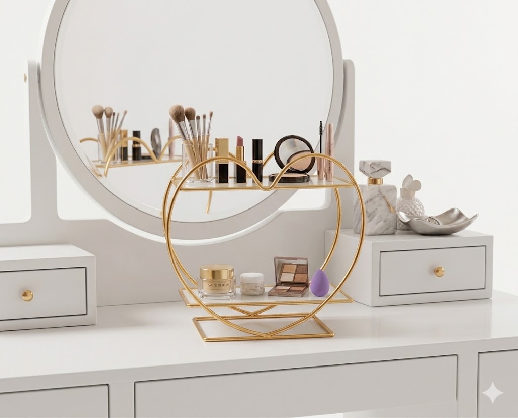 Luxury Heart-Shaped 2-Tier Golden Cosmetic Organizer - Premium Vanity Makeup Storage Rack with Sleek Black Acrylic Base