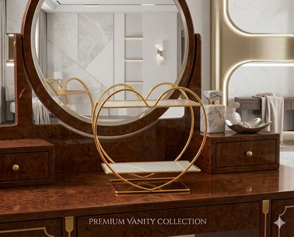 Luxury Heart-Shaped 2-Tier Golden Cosmetic Organizer - Premium Vanity Makeup Storage Rack with Sleek Black Acrylic Base