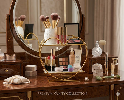Luxury Heart-Shaped 2-Tier Golden Cosmetic Organizer - Premium Vanity Makeup Storage Rack with Sleek Black Acrylic Base