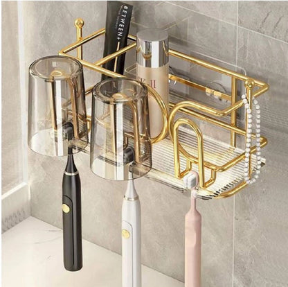 Luxury Wall-Mounted Toothbrush Holder – Self-Adhesive Bathroom Storage Rack – Anti-Dust & Punch-Free Organizer
