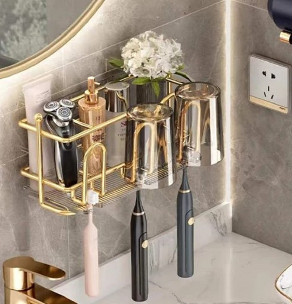 Luxury Wall-Mounted Toothbrush Holder – Self-Adhesive Bathroom Storage Rack – Anti-Dust & Punch-Free Organizer