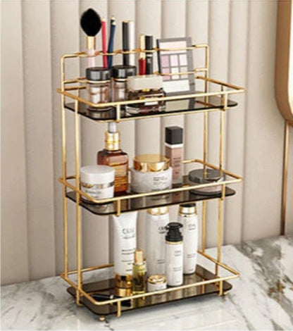 Luxury 3-Tier Shiny Gold Cosmetic Organizer – Premium Acrylic Vanity Rack with Brush Holder for Skincare & Perfume Display