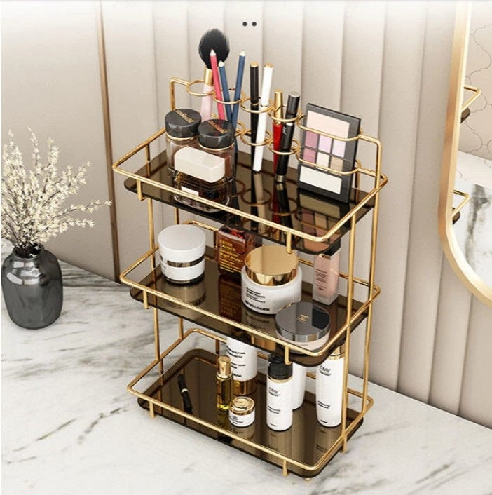 Luxury 3-Tier Shiny Gold Cosmetic Organizer – Premium Acrylic Vanity Rack with Brush Holder for Skincare & Perfume Display