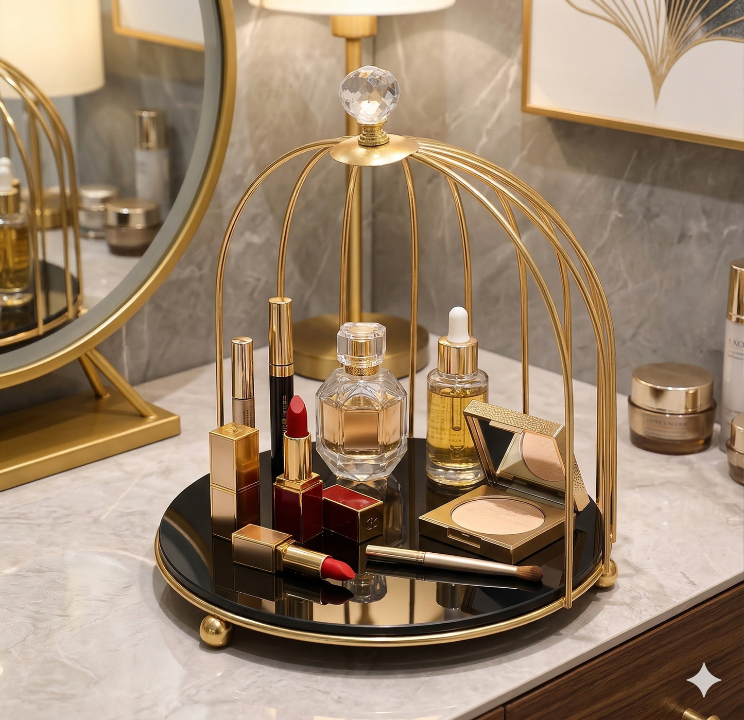 singel tier Luxury Golden Birdcage Cosmetic Organizer – Premium Metal Makeup & Perfume Display Stand with White Marble Acrylic Base