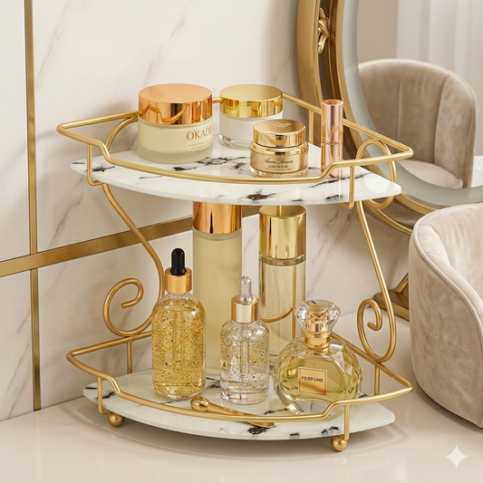 Luxury 2-Tier Golden Corner Rack – Multipurpose Organizer for Cosmetics, Kitchen Spices & Home Decor