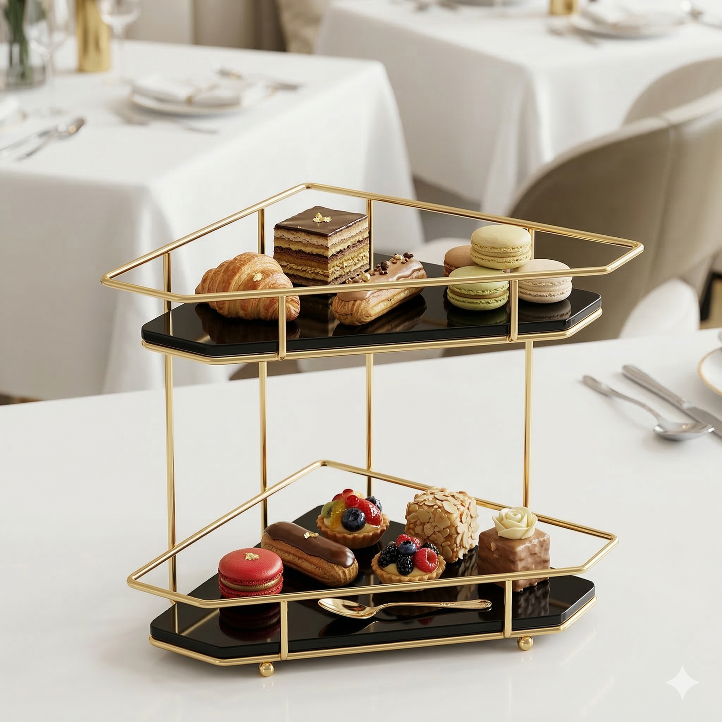 2-Tier Corner Storage Rack – Shiny Gold & Black acrylic Finish