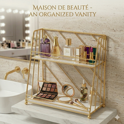 Premium 2-Tier Geometric Gold Vanity Organizer – Luxury Diamond-Pattern Makeup Rack