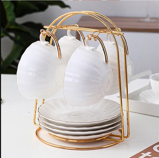 Metal Cup & Saucer Stand – 6-Hook Kitchen Tea Set Organizer Rack