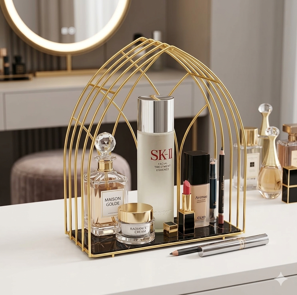 Luxury Gold Arch Cosmetic Organizer – Multi-Tier Makeup Storage Rack & Perfume Display Stand
