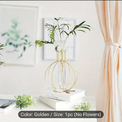 Round Wire Flower Vase – Elegant Nordic Tabletop Globe Planter with Glass Test Tube