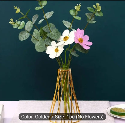 Luxury Gold Geometric Metal Wire Flower Vase – Elegant Nordic Tabletop Glass Test Tube Planter for Home Decor