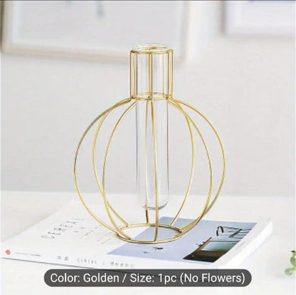 Round Wire Flower Vase – Elegant Nordic Tabletop Globe Planter with Glass Test Tube