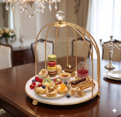singel tier Luxury Golden Birdcage Cosmetic Organizer – Premium Metal Makeup & Perfume Display Stand with White Marble Acrylic Base