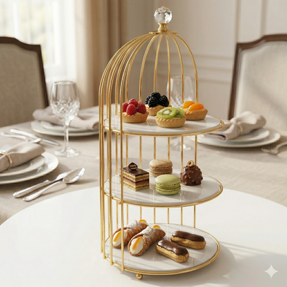 Multi-Purpose Golden Birdcage Stand – Luxury Display Rack for Fast Food, Desserts & Cosmetic Organization