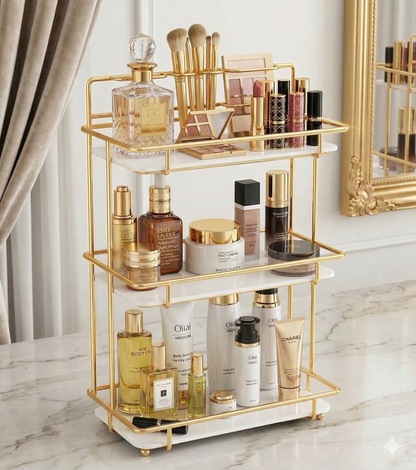 Luxury 3-Tier Shiny Gold Cosmetic Organizer – Premium Acrylic Vanity Rack with Brush Holder for Skincare & Perfume Display