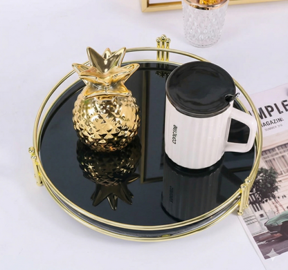 Luxury Round Golden Vanity Tray | Premium White Acrylic Base Organizer for Makeup, Perfumes & Dining Display (Rust-Proof Metal)