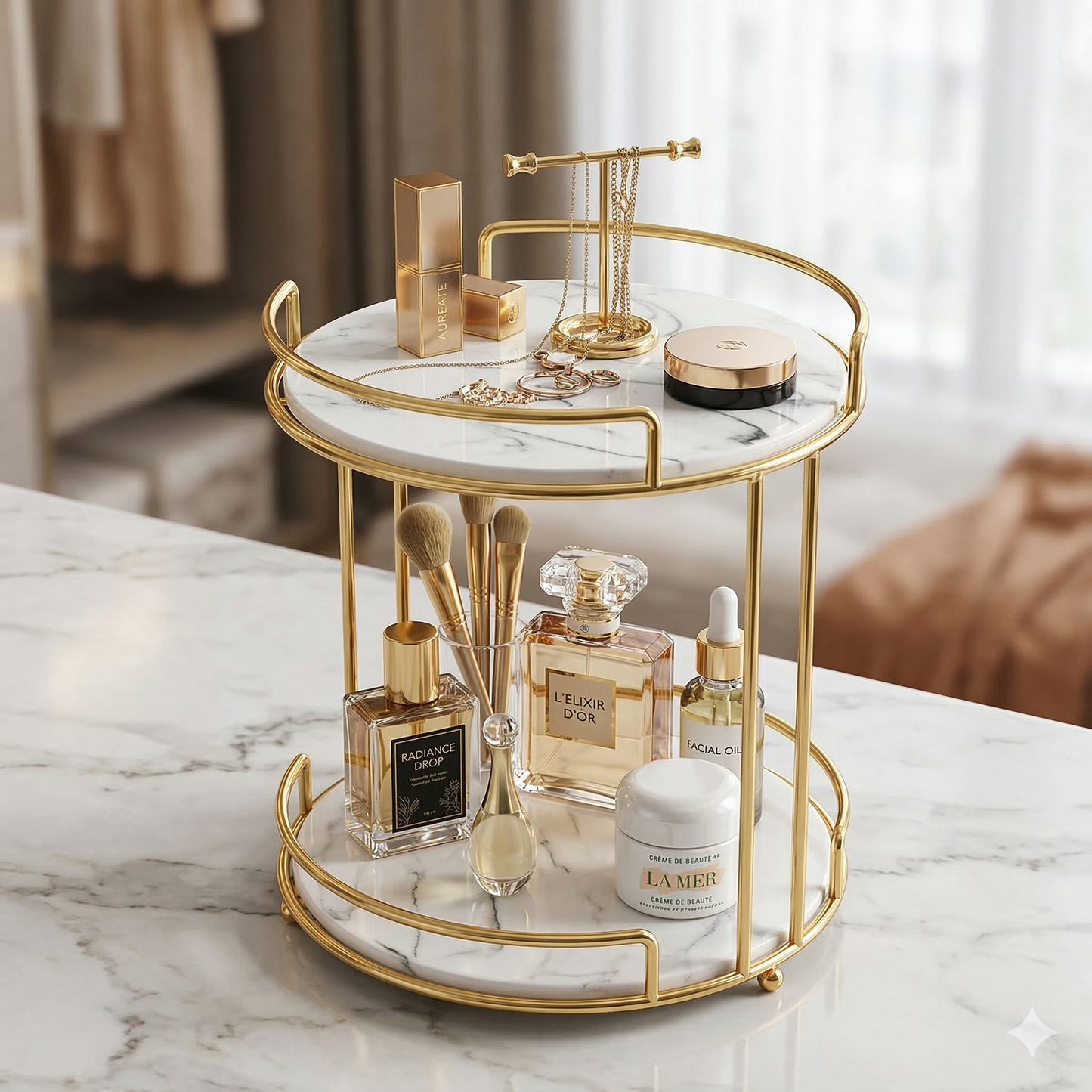 Jewelry Tray Double-Deck Cosmetics Storage Tray – Gold Metal Organizer for Rings, Necklaces & Beauty Products