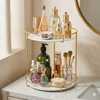 Jewelry Tray Double-Deck Cosmetics Storage Tray – Gold Metal Organizer for Rings, Necklaces & Beauty Products