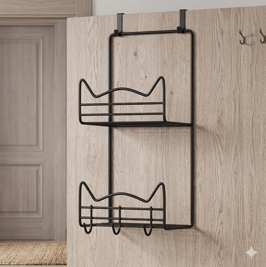 Multipurpose Over-the-Door Hanging Organizer with 2 Storage Baskets & Coat Hooks - Space Saving Modern Design for Home, Kitchen, Bathroom
