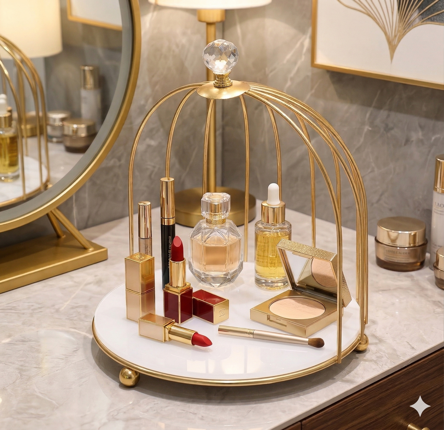 Multi-Purpose Golden Birdcage Stand – Luxury Display Rack for Fast Food, Desserts & Cosmetic Organization