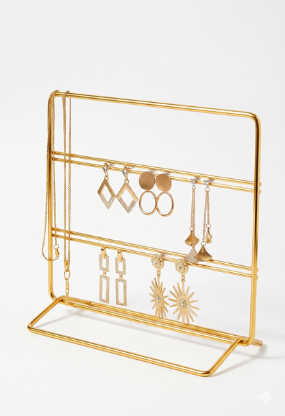 Luxury Multi-Tier Golden Earring Organizer Rack – Premium Metal Holder for Studs, Dangles & Hoop Earrings – Space Saving Vanity Stand