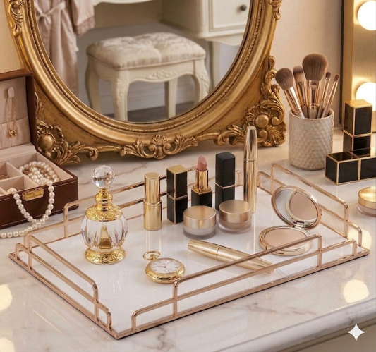 Cosmetic Organizer (Dressing Table ke liye Makeup Organizer Tray  Perfume Display Stand  Dressing Table Decor Ideas  Luxury Vanity Tray Gold  Cosmetic Storage Box Acrylic  Jewelry Organizer Tray  Aesthetic Room Decor Accessories