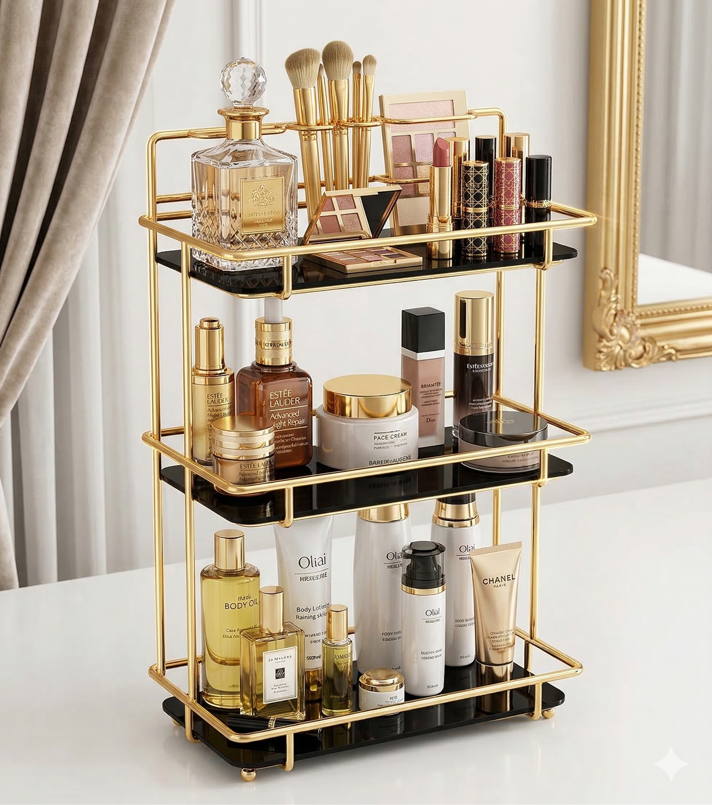 Luxury 3-Tier Shiny Gold Cosmetic Organizer – Premium Acrylic Vanity Rack with Brush Holder for Skincare & Perfume Display