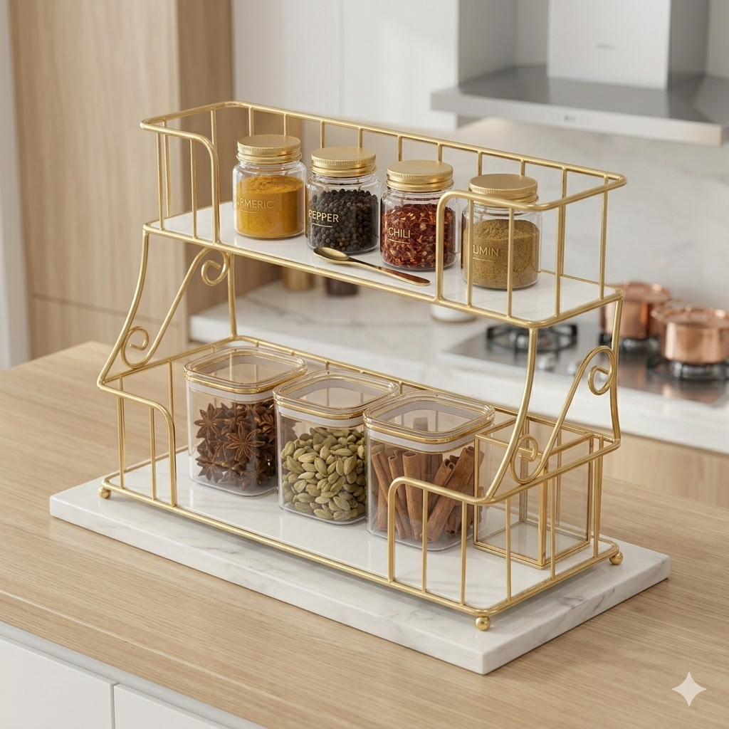 Luxury 2-Tier Gold Spice Rack & Kitchen Organizer – Elegant Countertop Storage for Jars, Condiments, and Spice Bottles