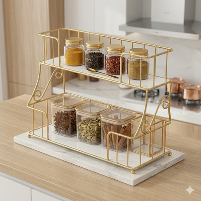 Luxury 2-Tier Gold Spice Rack & Kitchen Organizer – Elegant Countertop Storage for Jars, Condiments, and Spice Bottles