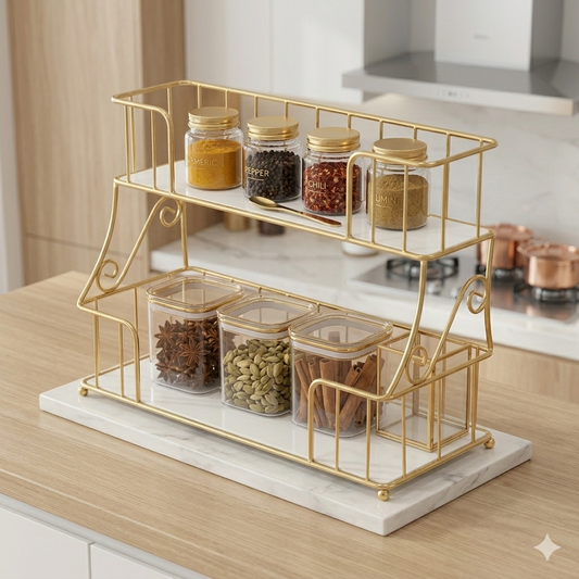 Luxury 2-Tier Gold Spice Rack & Kitchen Organizer – Elegant Countertop Storage for Jars, Condiments, and Spice Bottles