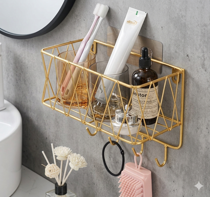 Gold Wall Mounted Bathroom Organizer – Geometric Shelf & Cosmetic Display Stand