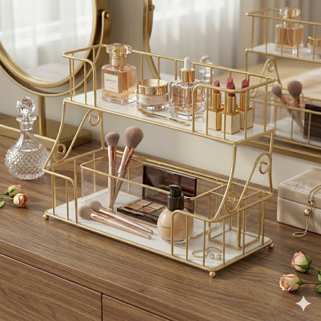 Luxury 2-Tier Gold Spice Rack & Kitchen Organizer – Elegant Countertop Storage for Jars, Condiments, and Spice Bottles