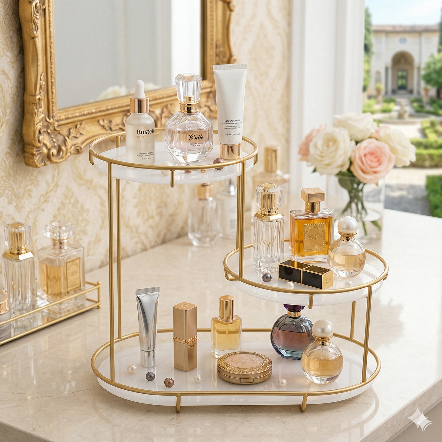 Luxury 3-Tier Step-Design Golden Organizer | Premium Oval Vanity Rack with White Acrylic Base for Cosmetics, Perfumes & High-End Decor