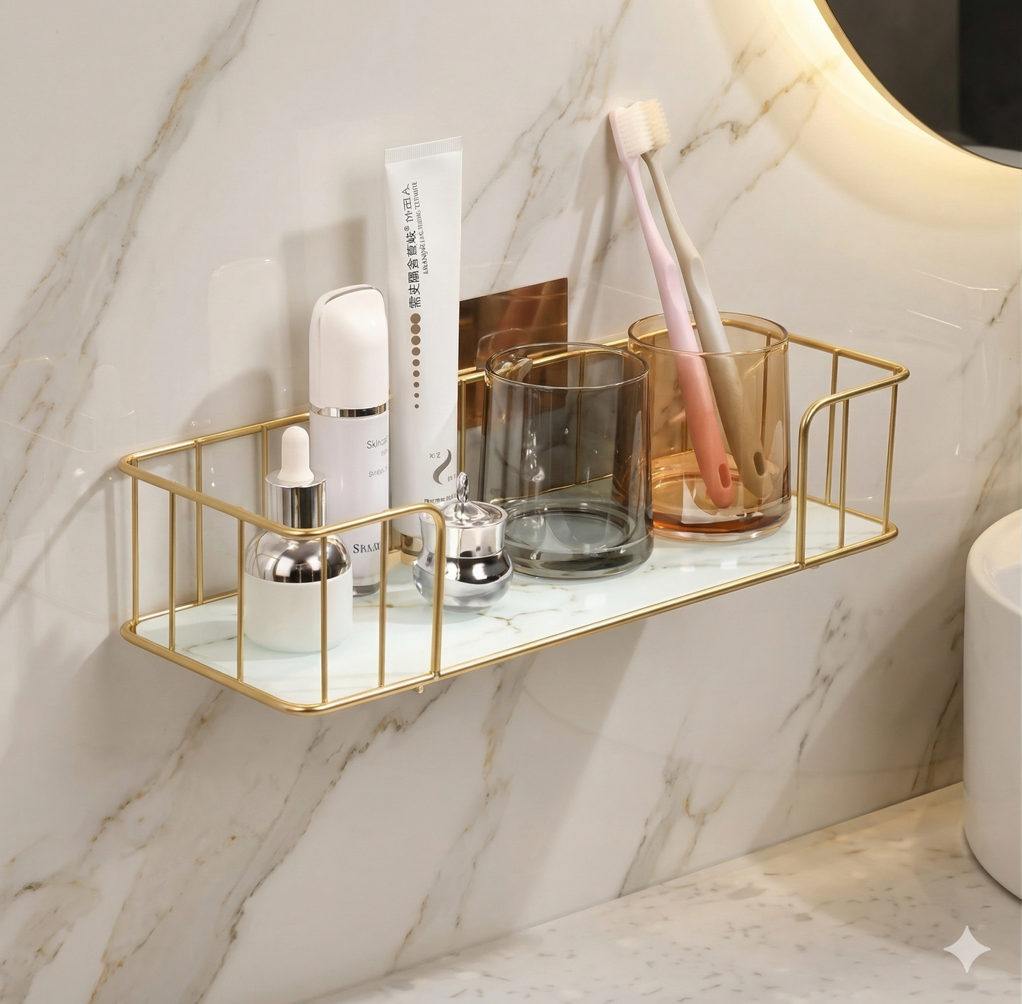 Luxury Golden Wall-Mounted Organizer Rack – Multi-purpose Storage Shelf for Bathroom, Kitchen & Dressing Table – Premium Metal & Marble Finish Base