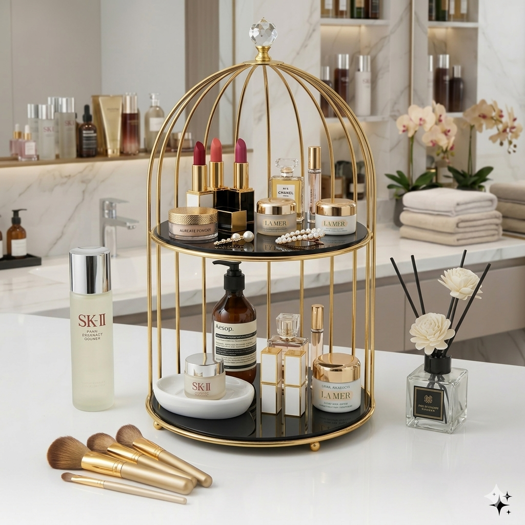singel tier Luxury Golden Birdcage Cosmetic Organizer – Premium Metal Makeup & Perfume Display Stand with White Marble Acrylic Base
