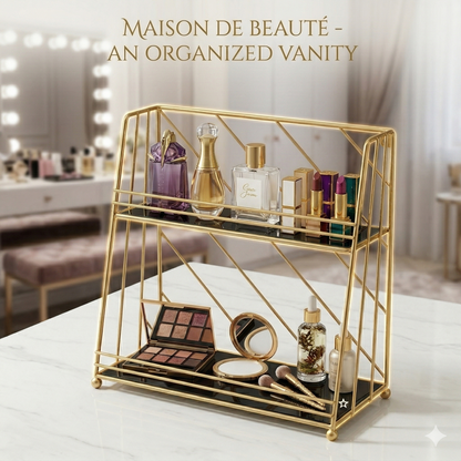 Premium 2-Tier Geometric Gold Vanity Organizer – Luxury Diamond-Pattern Makeup Rack