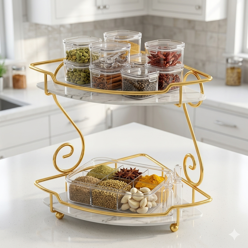 Luxury Single-Tier Gold Corner Display Shelf – Makeup & Perfume Storage Tray with Marble Base